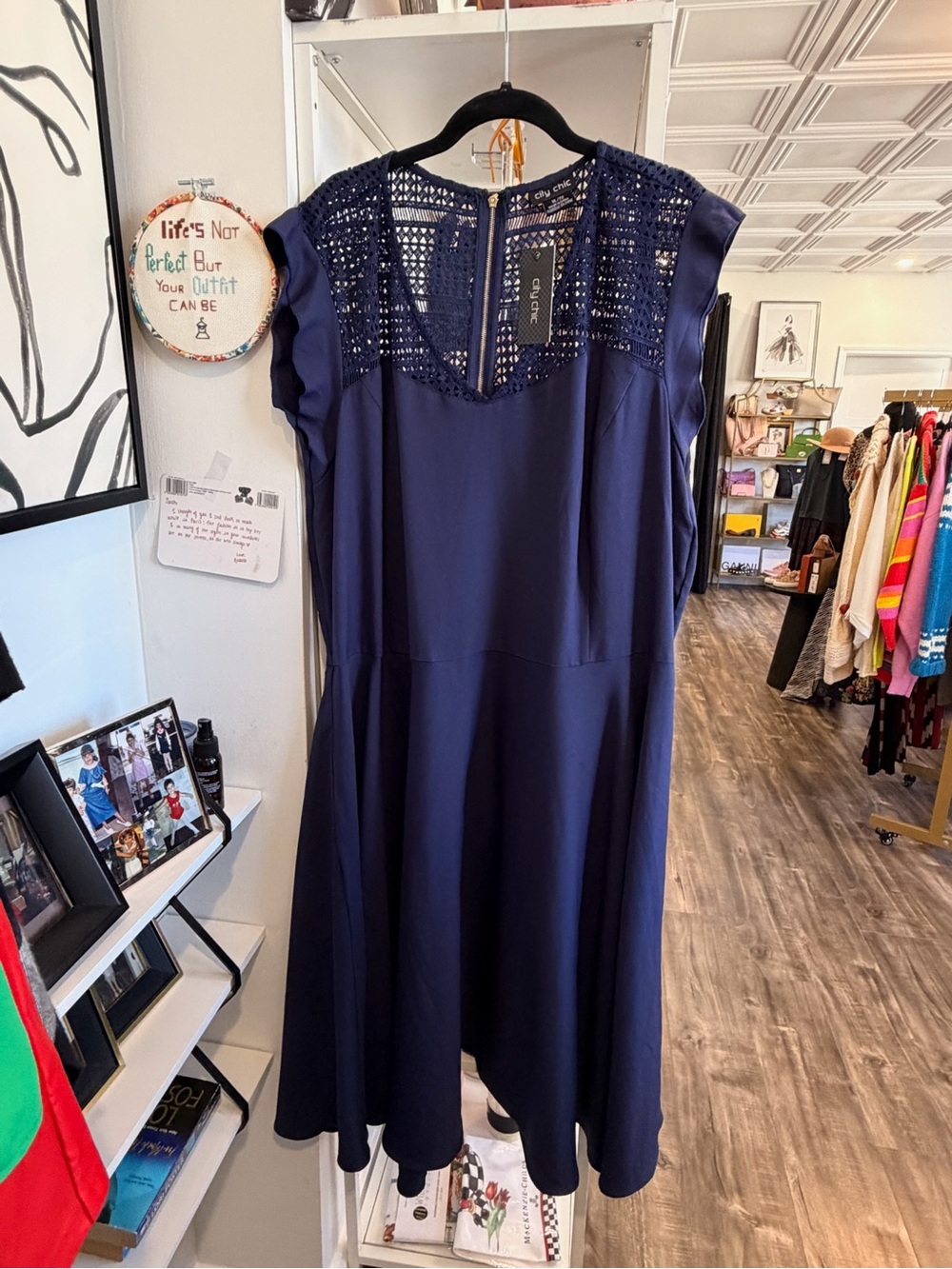 City Chic Navy Crochet Yoke Midi Dress with Cap Sleeves